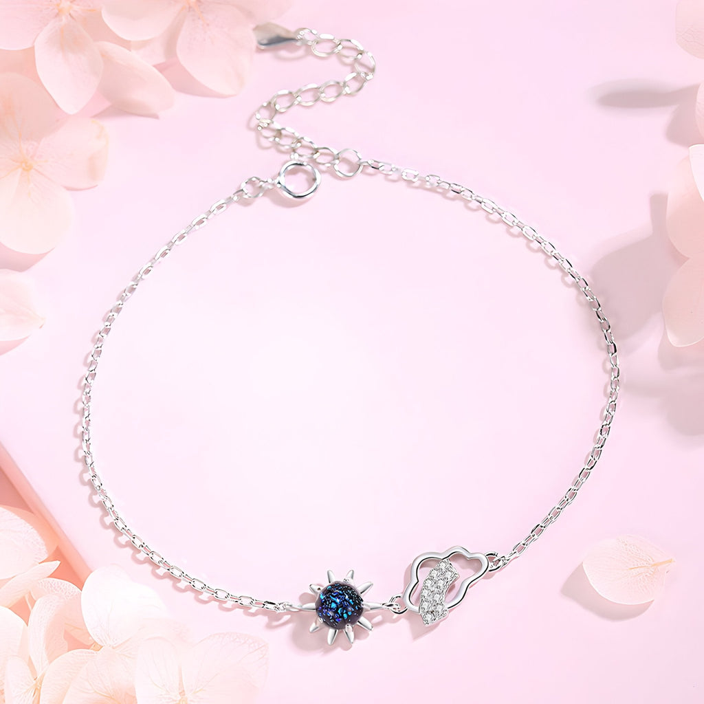 Bracelet en argent sterling fin avec pendentif soleil noir et nuage délicat, chaîne réglable.