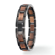 Bracelet homme en bois de noyer marron et acier noir ajouré design moderne et naturel.