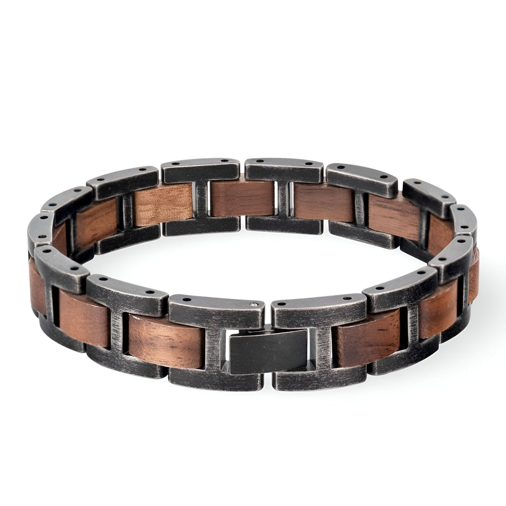 Bracelet homme en bois de noyer marron et métal noir, design rectangulaire moderne.