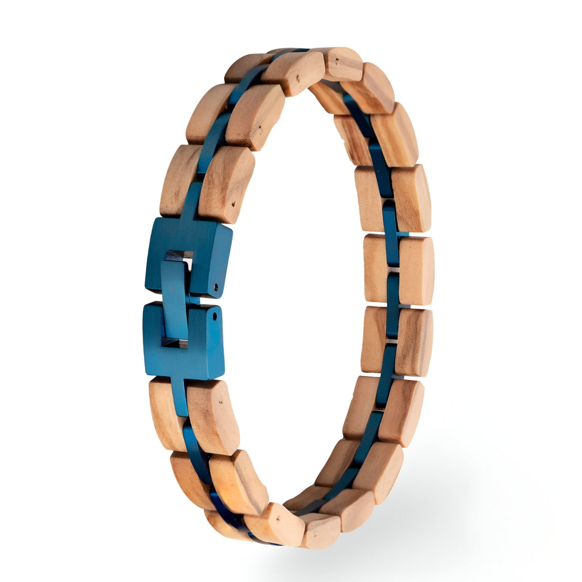 Bracelet pour homme en bois de noyer beige avec éclats et fermoir bleu métallique.
