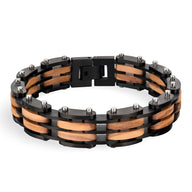 Bracelet en bois de noyer noir et marron pour homme avec maillons larges et fermoir noir robuste.