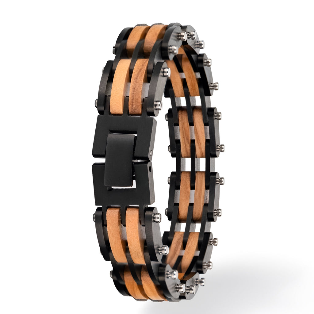 Bracelet homme en bois de noyer noir et marron avec maillons métalliques et fermoir noir mat.