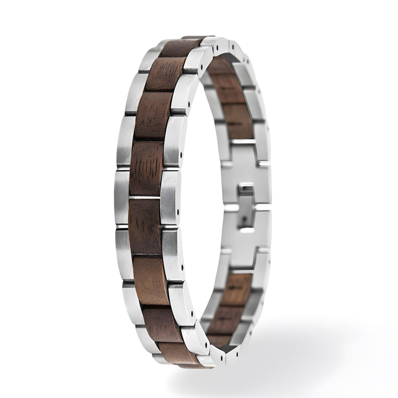 Bracelet pour homme en bois de noyer marron et acier argenté à maillons élégants.