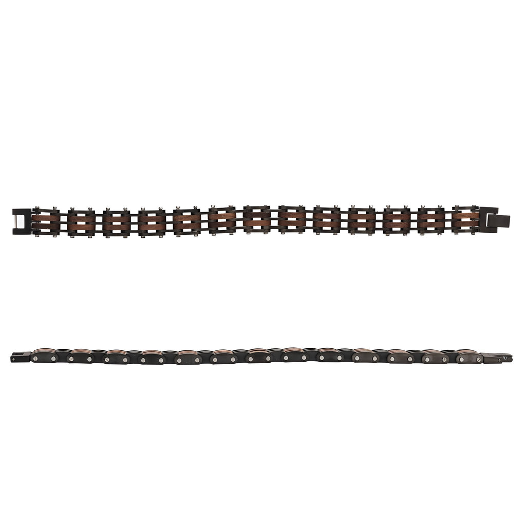 Bracelet pour homme en bois de noyer noir et marron, maillons carrés articulés et fermoir métallique noir.