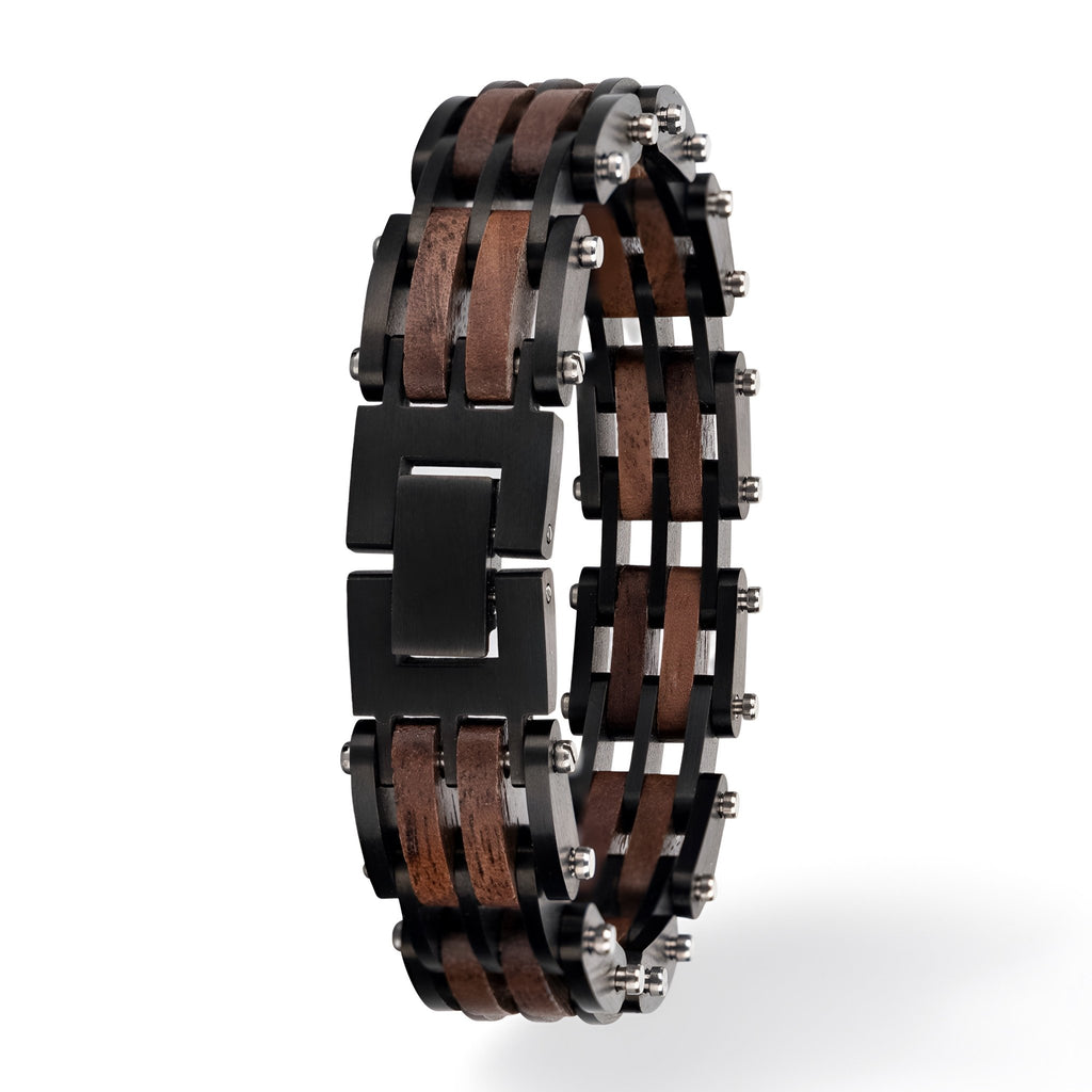Bracelet homme en bois de noyer noir et marron avec maillons métalliques noirs élégants.