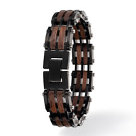 Bracelet homme en bois de noyer noir et marron avec maillons métalliques noirs élégants.
