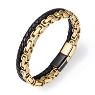Bracelet homme en cuir noir tressé avec chaîne dorée et fermeture magnétique noire élégante.