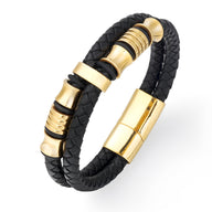 Bracelet en cuir noir tressé avec détails et fermoir en acier doré brillant, style masculin élégant.