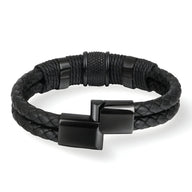 Bracelet en cuir noir tressé avec cordelettes enroulées et fermoir magnétique noir mat.