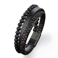 Bracelet en cuir noir et marron avec pierres volcaniques noires mates et fermoir magnétique acier inoxydable.