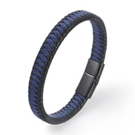 Bracelet en cuir tressé bi-colore bleu et noir avec fermoir métallique noir mat.