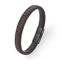 Bracelet en cuir tressé bi-colore marron et noir avec fermoir magnétique noir mat.