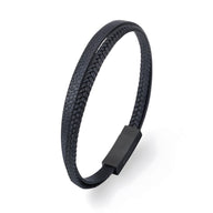 Bracelet double-rang en cuir noir tressé avec fermoir magnétique mat.
