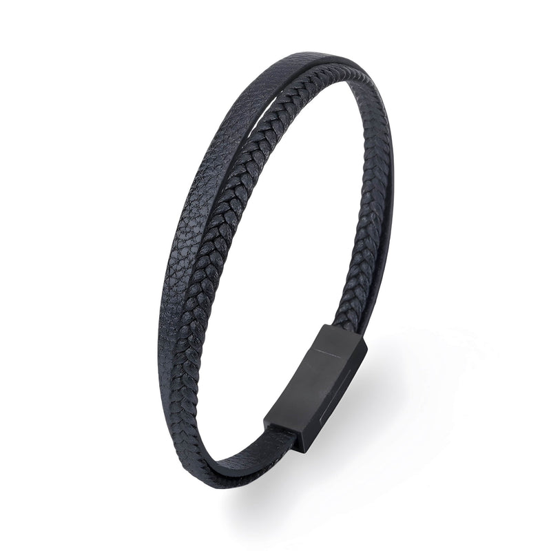 Bracelet double-rang en cuir noir tressé avec fermoir magnétique mat.