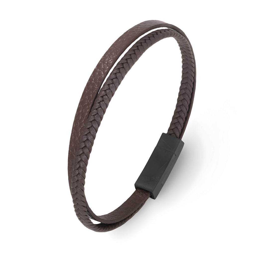 Bracelet en cuir marron double-rang tressé avec fermoir noir mat.