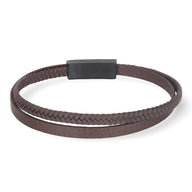 Bracelet double-rang en cuir marron tressé avec fermoir magnétique noir mat.