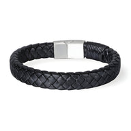 Bracelet en cuir noir tressé épais avec fermoir métallique argenté, style Jean.