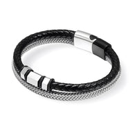 Bracelet homme en cuir noir tressé et acier inoxydable argent avec motifs métalliques et fermoir magnétique.