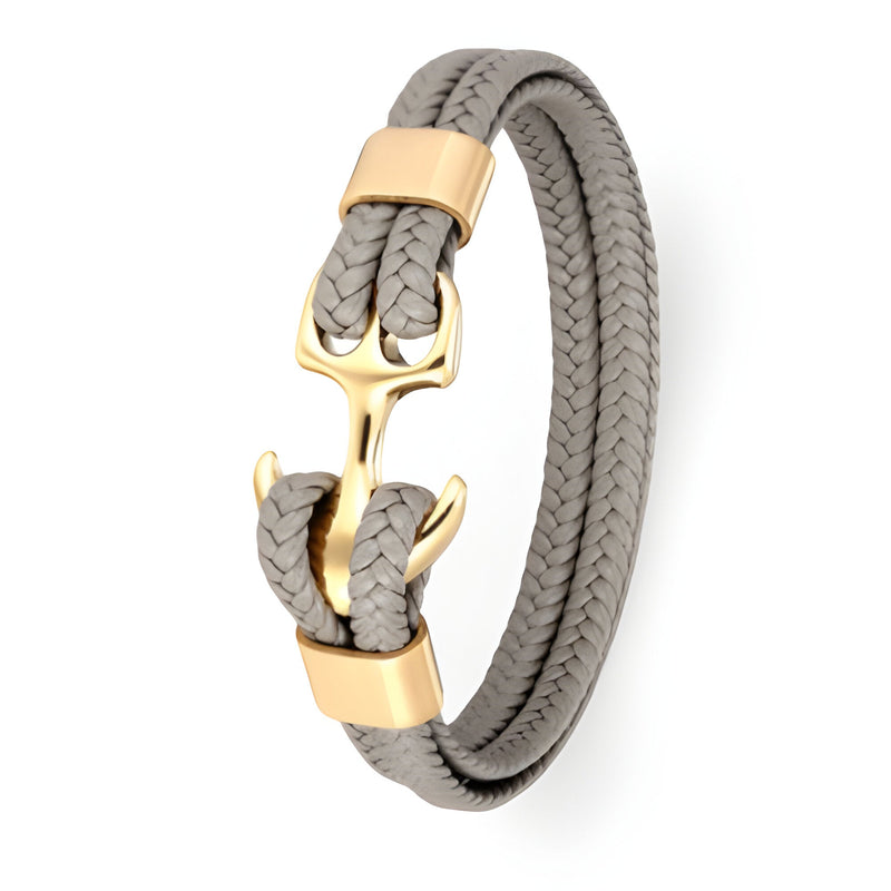 Bracelet en cuir gris avec motif ancre dorée et fermoir assorti, modèle Willem.