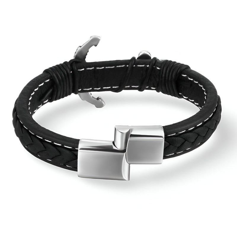 Bracelet en cuir noir tressé avec motif ancre en acier inoxydable et fermoir carré poli.