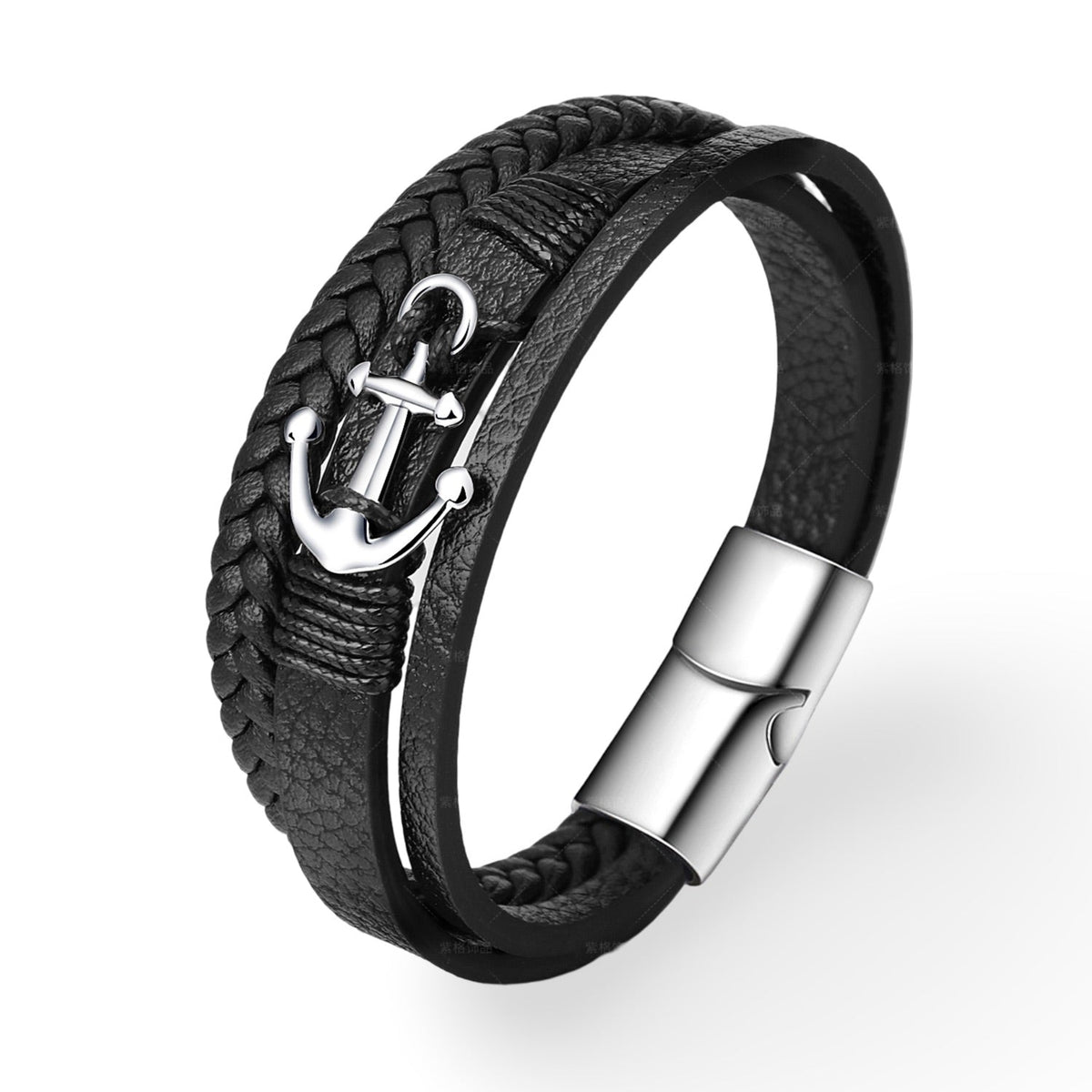 Bracelet en cuir noir tressé avec motif ancre marine argentée et fermoir magnétique en acier inoxydable.
