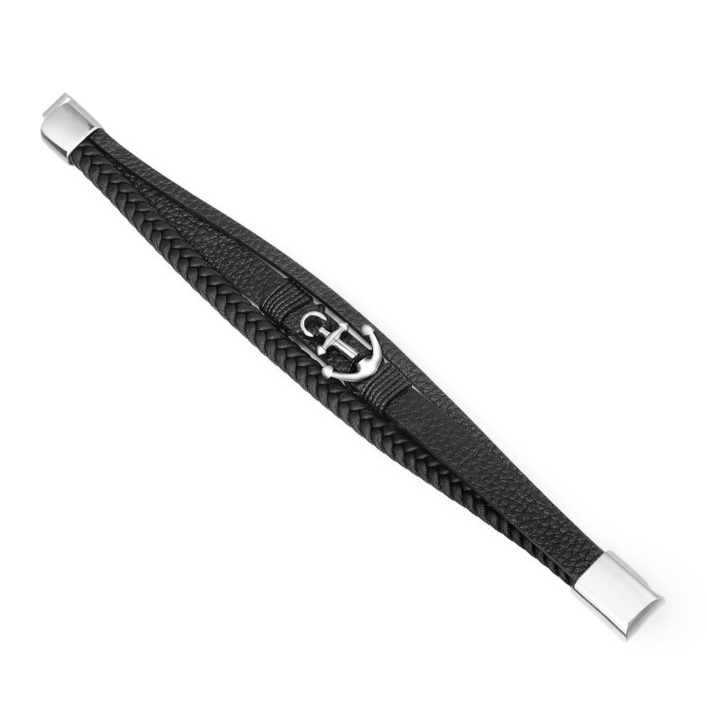 Bracelet en cuir noir tressé avec motif ancre marine argentée et fermoir métallique élégant.