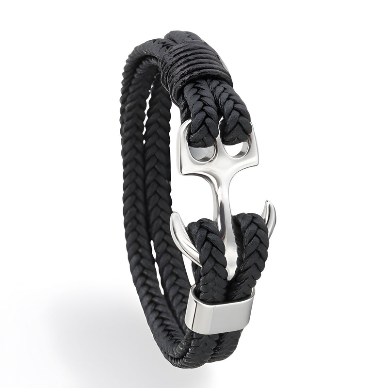 Bracelet homme tressé noir avec ancre métal argenté, style marin élégant.