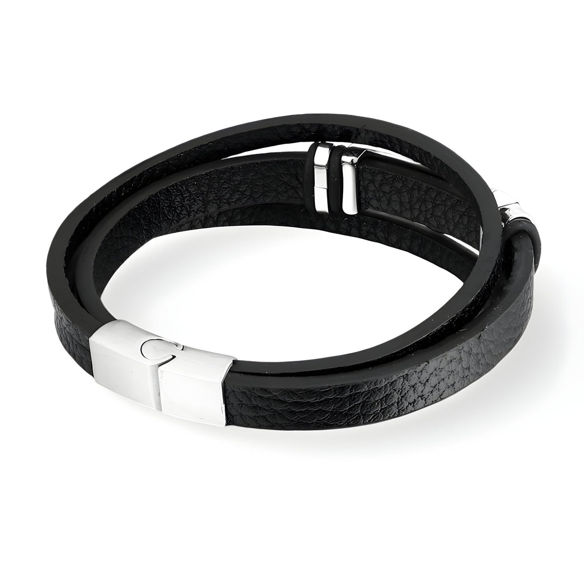 Bracelet en cuir noir à double tour avec motif boussole et fermoir métallique argenté.