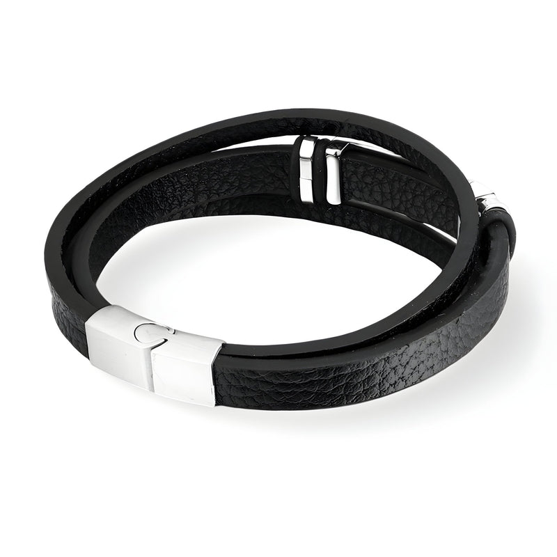 Bracelet en cuir noir à double tour avec motif boussole et fermoir métallique argenté.