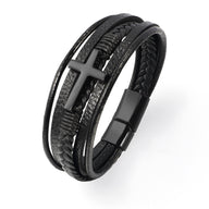 Bracelet en cuir noir multi-brins avec croix mate et fermoir magnétique noir.