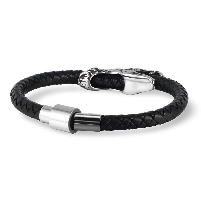 Bracelet en cuir noir tressé avec fermoir argenté en forme de tête de dragon.