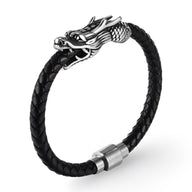 Bracelet en cuir noir tressé avec tête de dragon en métal argenté et fermeture magnétique acier.