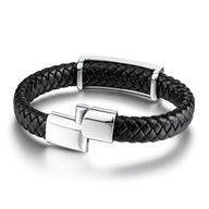 Bracelet homme cuir noir tressé avec fermoir argenté brillant élégant.