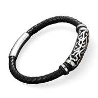 Bracelet homme cuir noir tressé avec motif viking argenté détail celtique.