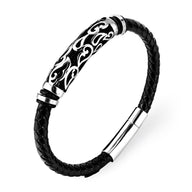 Bracelet homme en cuir noir tressé avec motif viking argenté incurvé et fermoir magnétique en acier inoxydable.