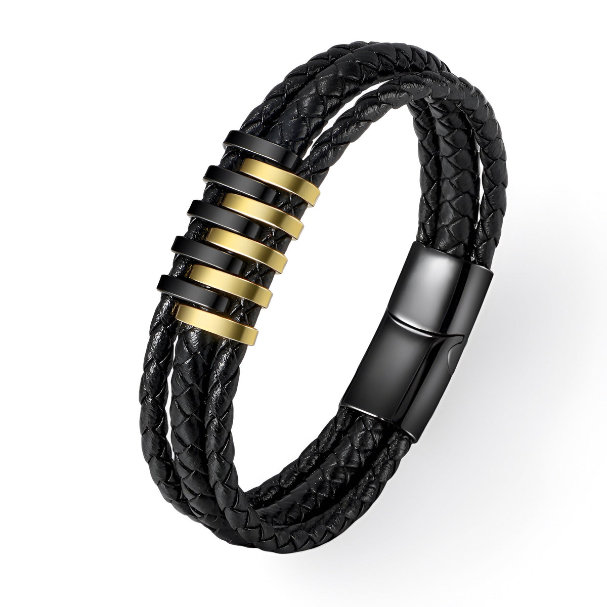 Bracelet en cuir noir tressé avec motifs métalliques dorés et fermoir noir mat.