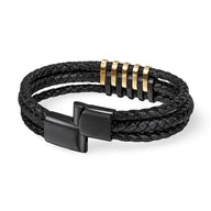 Bracelet en cuir noir tressé double tour avec motifs métalliques dorés et fermoir noir mat.
