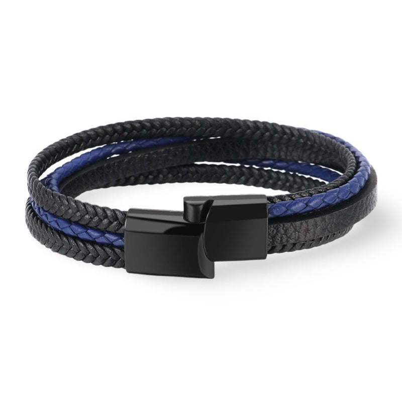 Bracelet multi-rangs en cuir noir et bleu avec fermoir noir mat élégant.