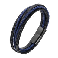 Bracelet multi-rangs en cuir noir et bleu avec fermoir magnétique noir mat.