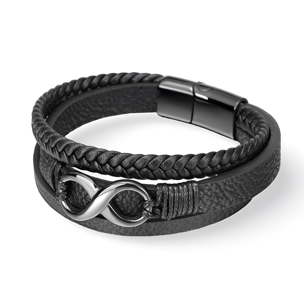 Bracelet homme multi-rangs en cuir noir avec motif infini argenté et fermoir magnétique.