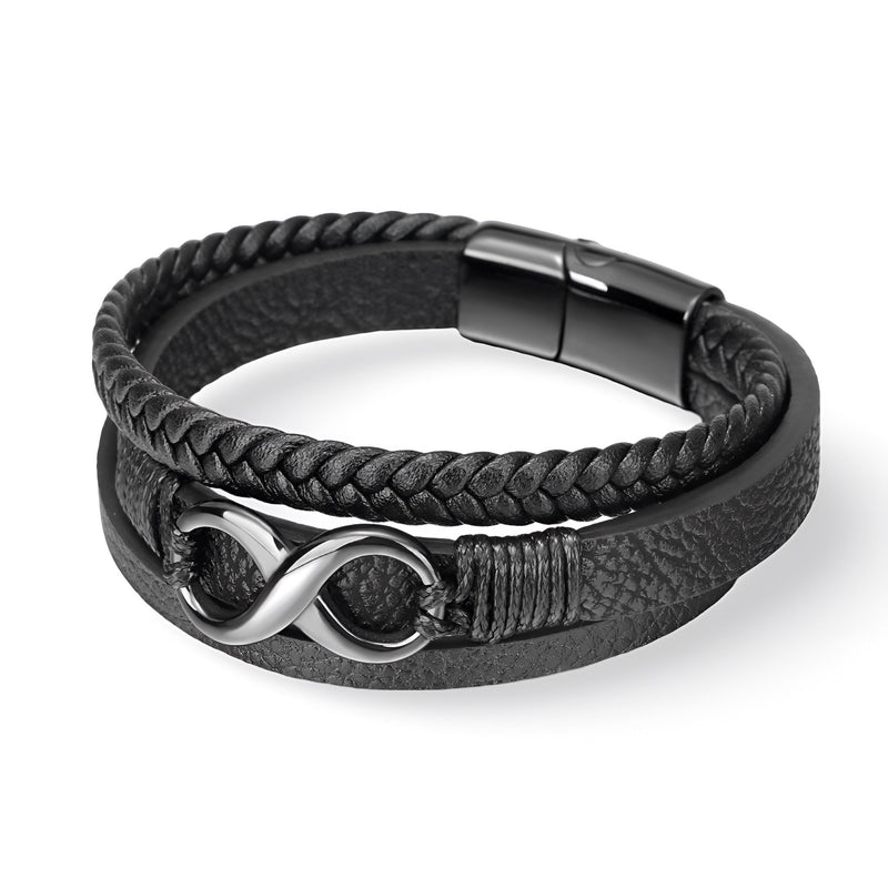 Bracelet homme multi-rangs en cuir noir avec motif infini argenté et fermoir magnétique.