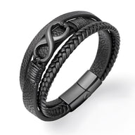 Bracelet multi-rangs en cuir noir avec motif infini en métal noir et fermoir magnétique en acier noir mat.