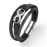 Bracelet homme en cuir noir multi-rangs avec motif infini en métal argenté et fermeture aimantée acier.