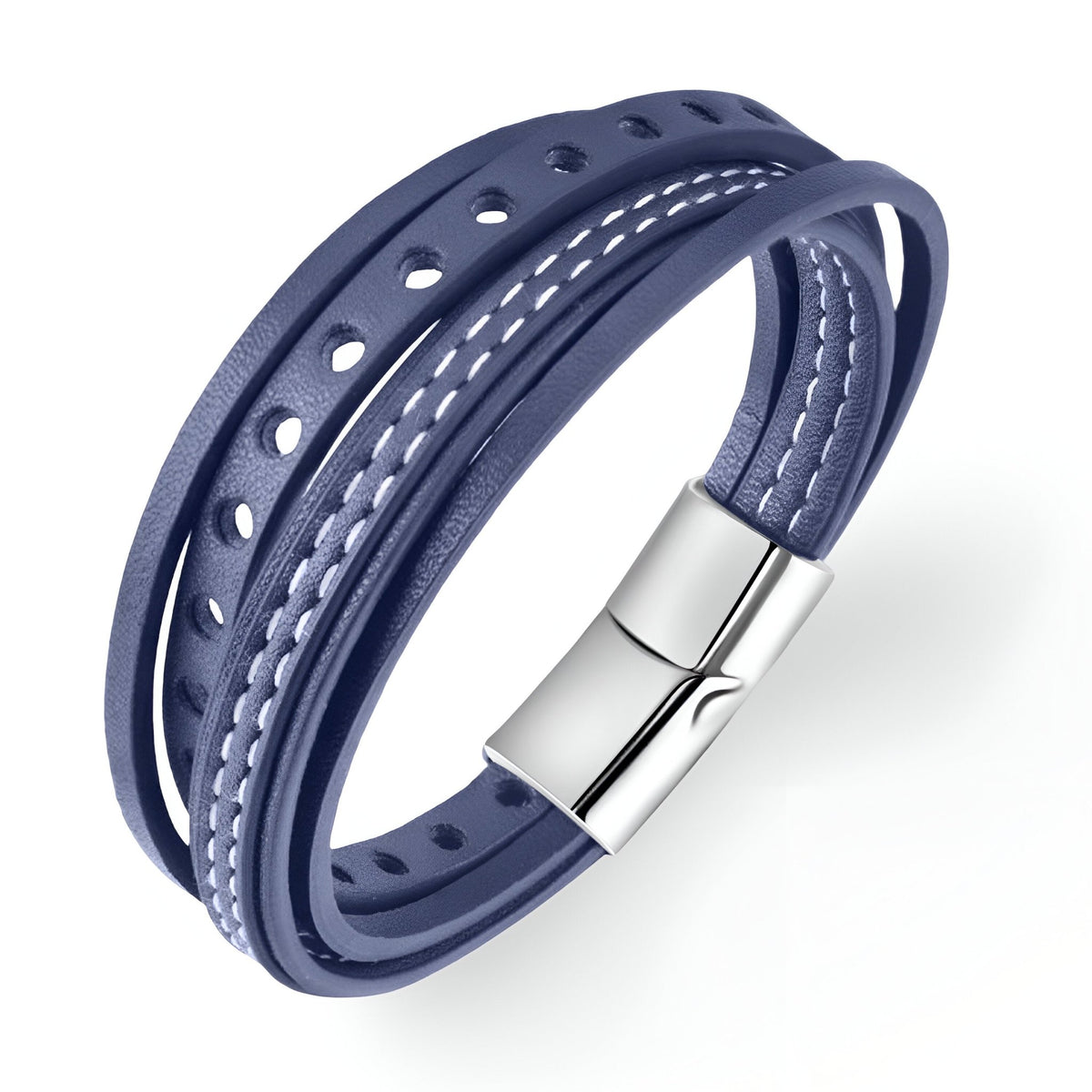 Bracelet multi-rangs bleu en cuir ajouré avec couture blanche et fermoir métal argenté brillant.
