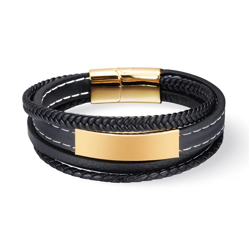 Bracelet multi-rangs en cuir noir avec plaque et fermoir métalliques dorés, couture blanche visible.