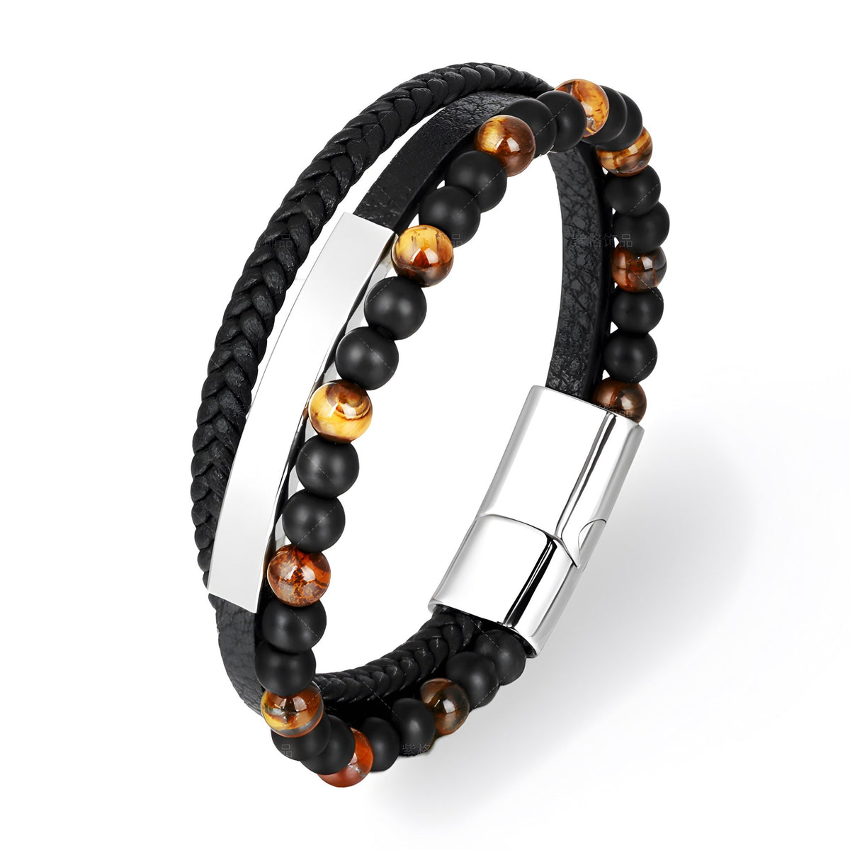 Bracelet homme cuir noir tressé et perles naturelles œil de tigre avec fermoir argenté.