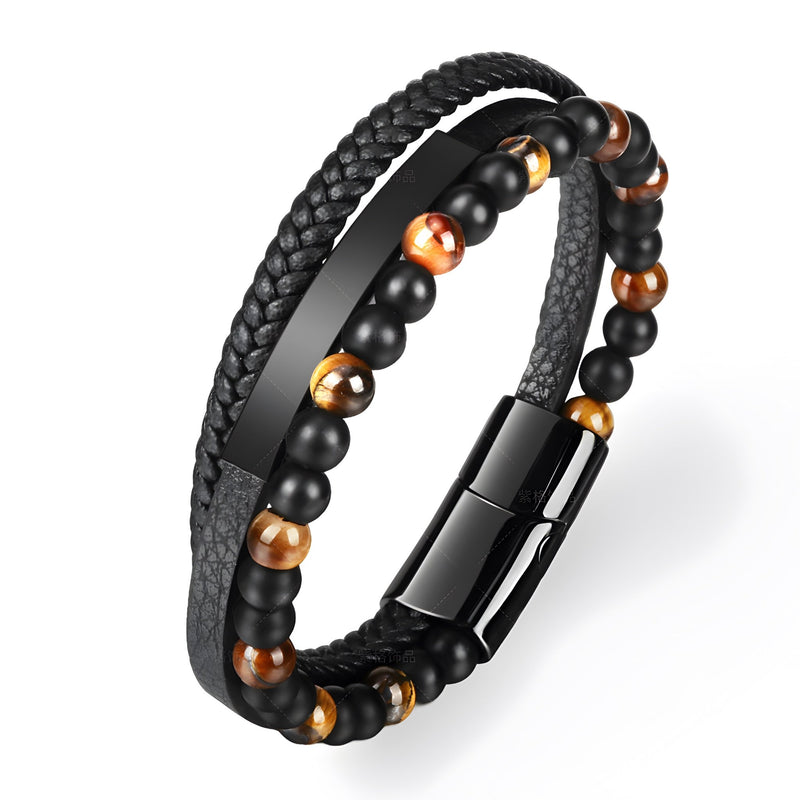 Bracelet double tour en cuir noir tressé avec pierres naturelles œil de tigre et fermoir magnétique noir brillant.