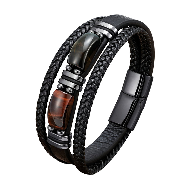 Bracelet multi-rangs homme cuir noir tressé avec pierres oeil de tigre marron et noir, fermoir métallique noir mat.