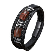 Bracelet multi-rangs homme en cuir noir tressé avec pierres œil de tigre et fermoir noir mat.