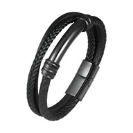 Bracelet homme noir en cuir tressé avec fermoir magnétique métallique mat.